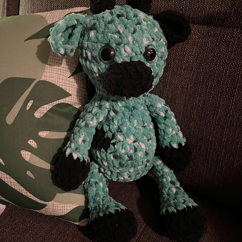 Charming Teal and Black crochet cow!